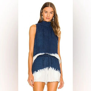 Bella Dahl Tie Neck Sleeveless Fray Hem Tank in Bleach Dip linen gradient size S